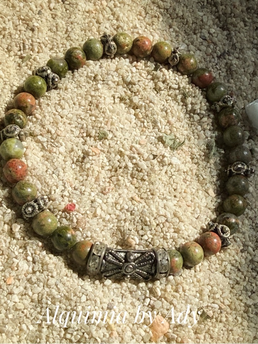 Alquimia Green and Orange Unakite Beaded Bracelet with Silver Accents
